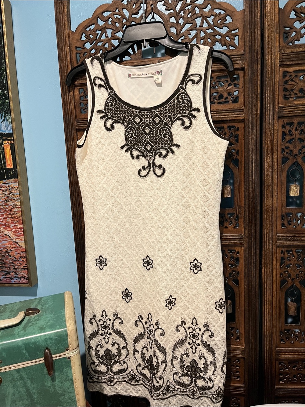 Chelsea & Violet White Mini Dress with Dark BrownEmbroidery